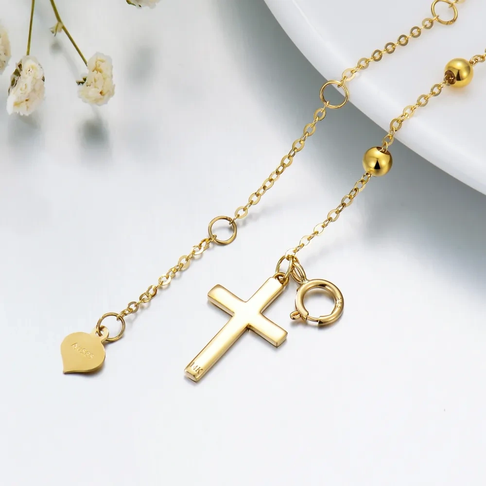 Pulsera de oro de 14 quilates con cruz y corazón con cadena de cuentas de oro macizo para mujer-3