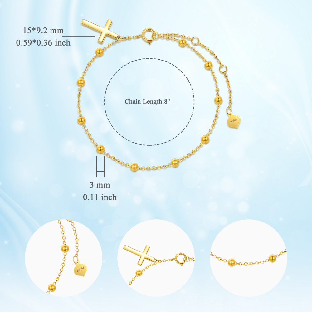 Pulsera de oro de 14 quilates con cruz y corazón con cadena de cuentas de oro macizo para mujer-4