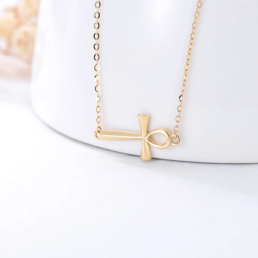14K Gold Cross Pendant Necklace Ankh Cross Sideway Necklace-3
