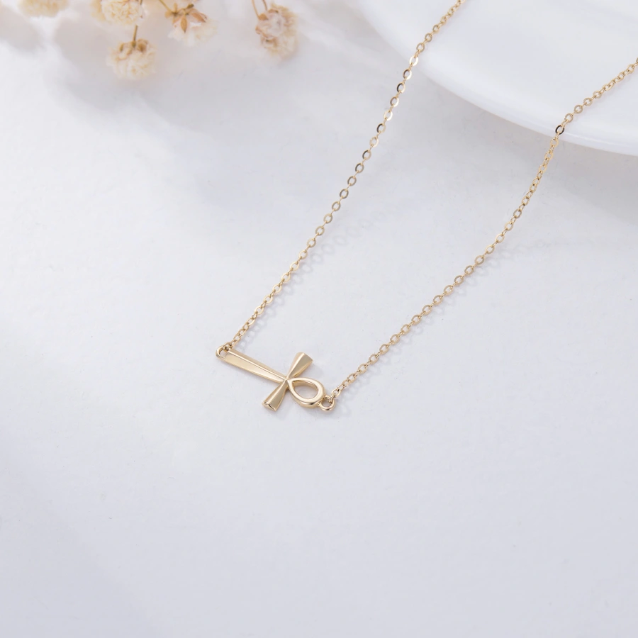 14K Gold Cross Pendant Necklace Ankh Cross Sideway Necklace-4