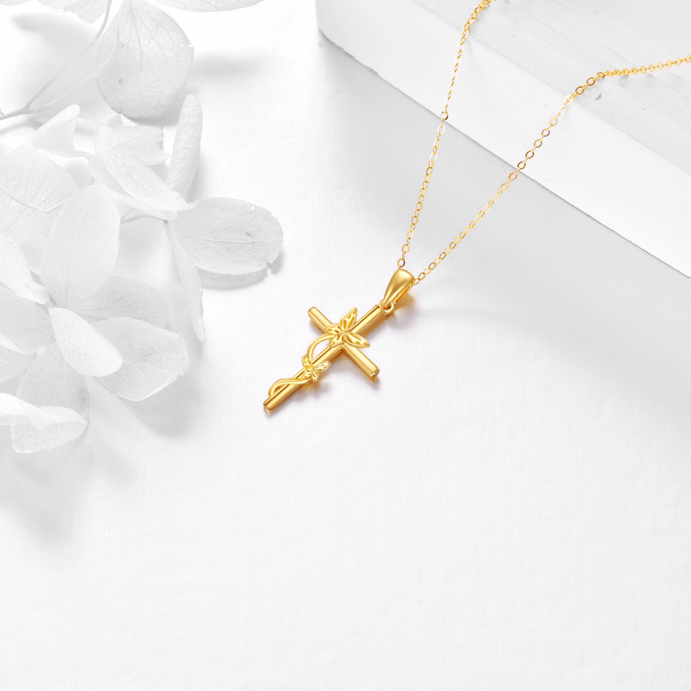 10K Gold Butterfly & Cross Pendant Necklace-3