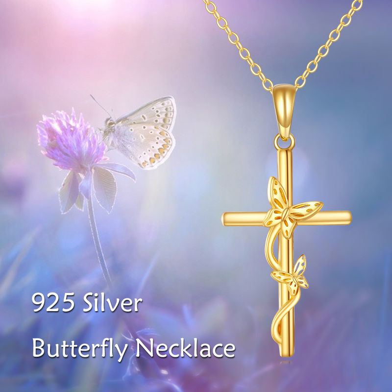 Colar com pendente de borboleta e cruz em ouro branco 10K-5