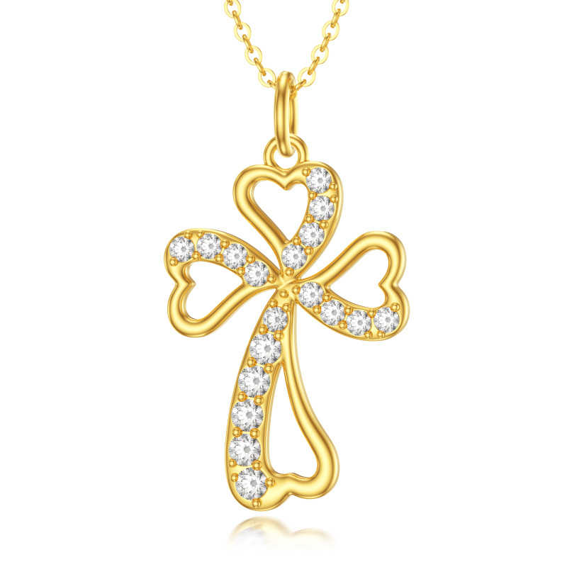 14K Gold Cubic Zirconia Cross Pendant Necklace-14