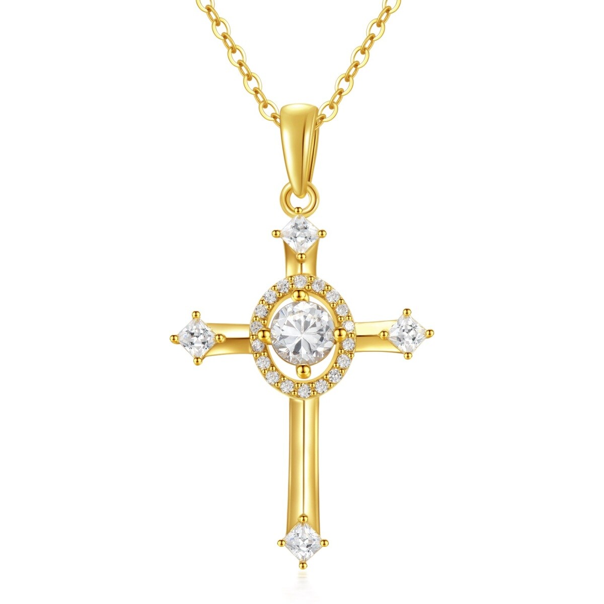 14K Gold Cubic Zirconia Cross Pendant Necklace-1