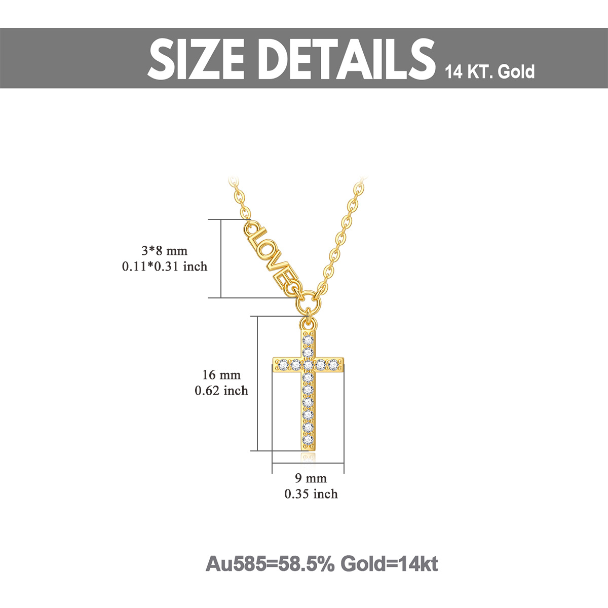 Colar com pingente de cruz em zircónio cúbico em ouro de 14K com palavra gravada-6