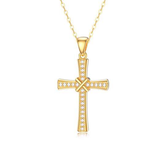 14K Gold Cubic Zirconia Cross Pendant Necklace