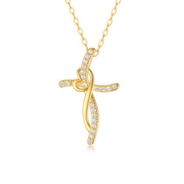 14K Gold Cubic Zirconia Cross Pendant Necklace-4