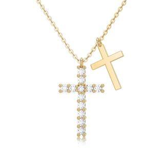 14K Gold Cubic Zirconia Cross Pendant Necklace-53