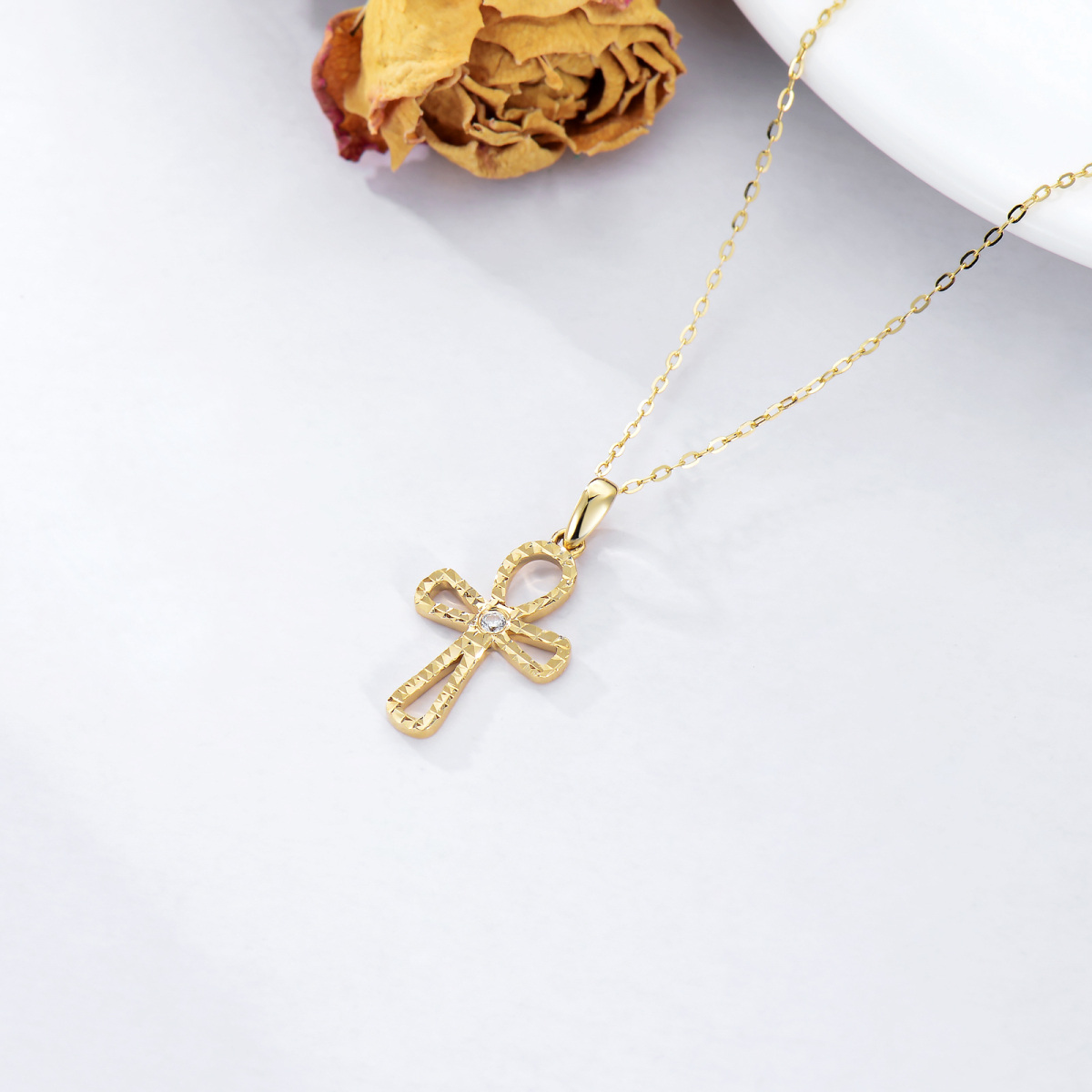 14K Gold Cubic Zirconia Cross Pendant Necklace-3