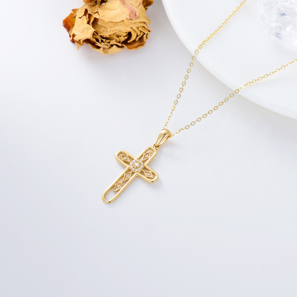 Collier croix en or 14K à zircon cubique-4