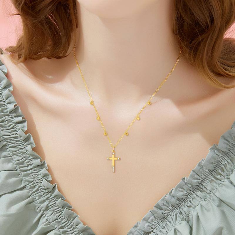 14K Gold Cubic Zirkonia Kreuz Anhänger Halskette-2