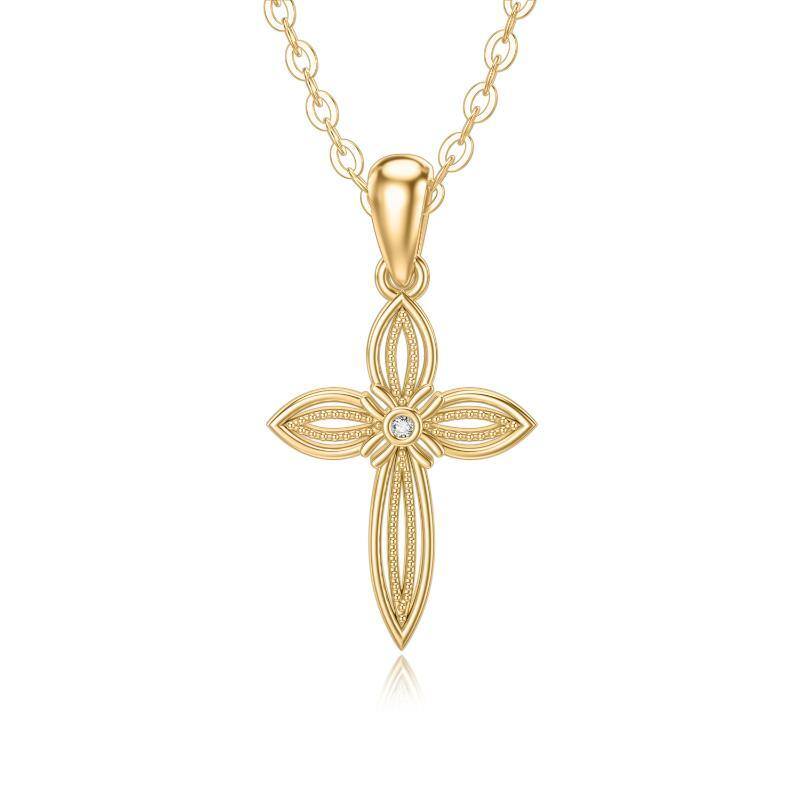 10K Gold Cubic Zirconia Cross Pendant Necklace-1