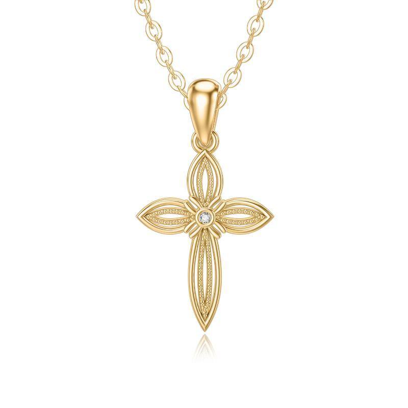 14K Gold Cubic Zirconia Cross Pendant Necklace-1