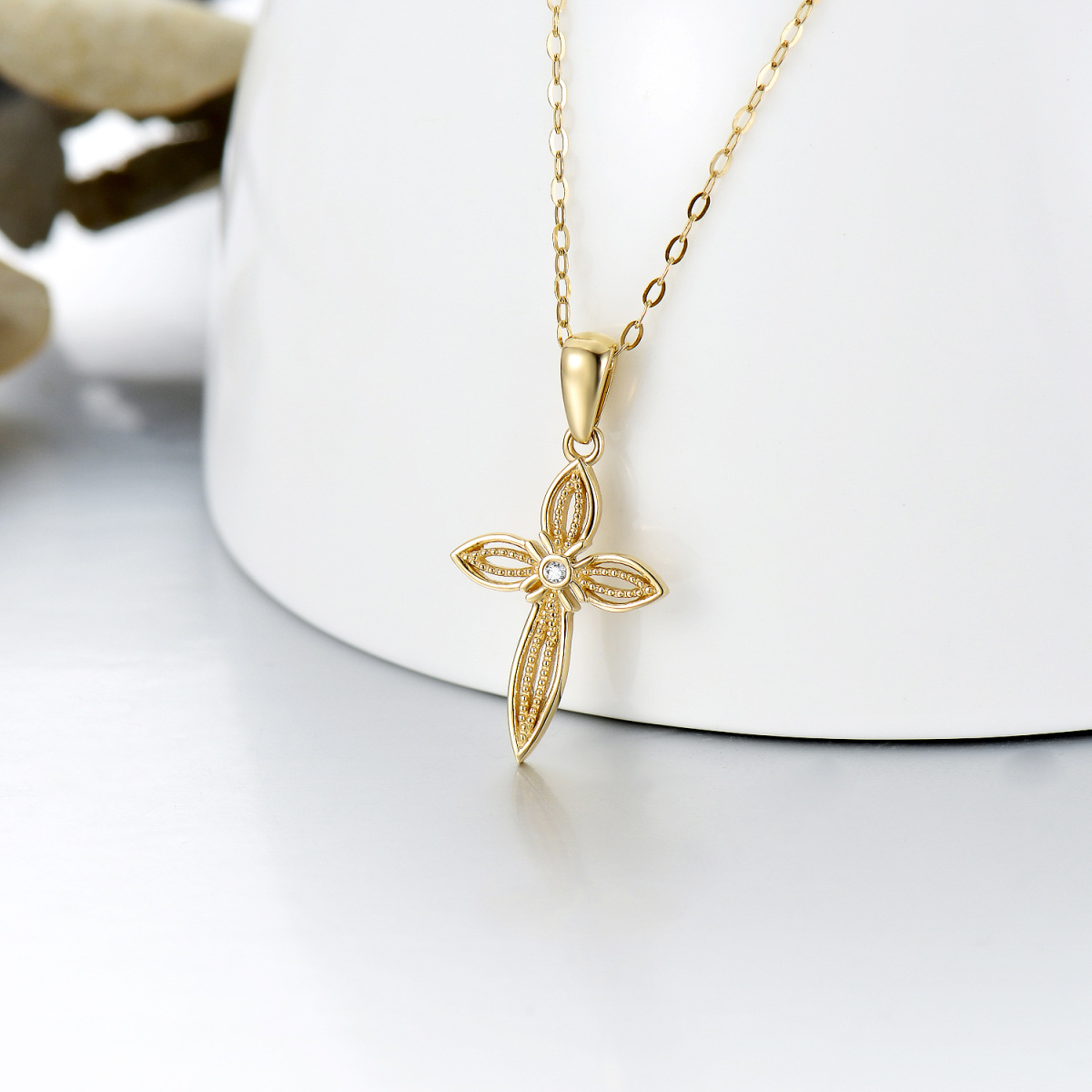 14K Gold Cubic Zirconia Cross Pendant Necklace-3