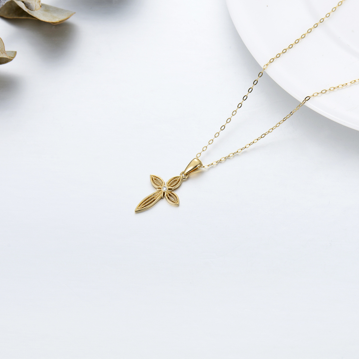 14K Gold Cubic Zirkonia Kreuz Anhänger Halskette-4