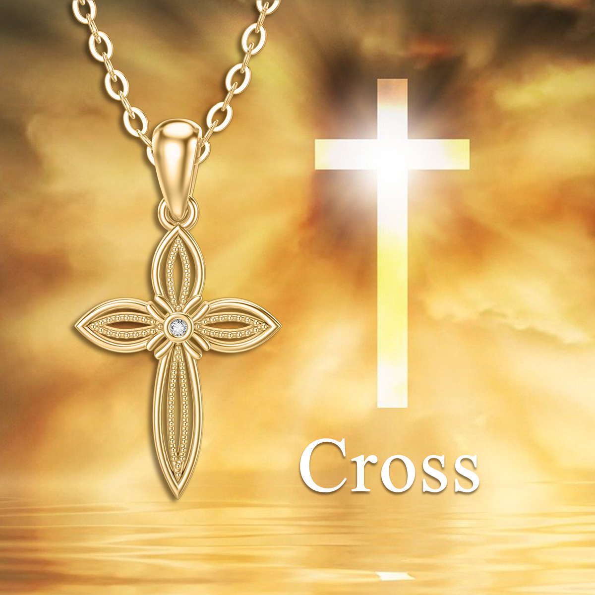 14K Gold Cubic Zirconia Cross Pendant Necklace-5