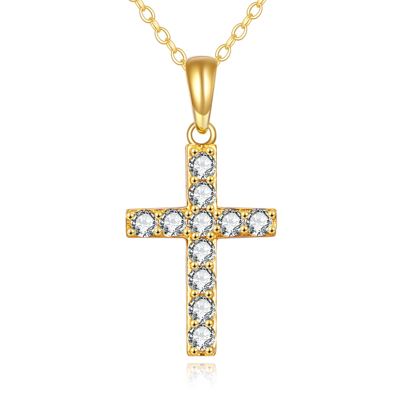 10K Gold Cubic Zirconia Cross Pendant Necklace-4
