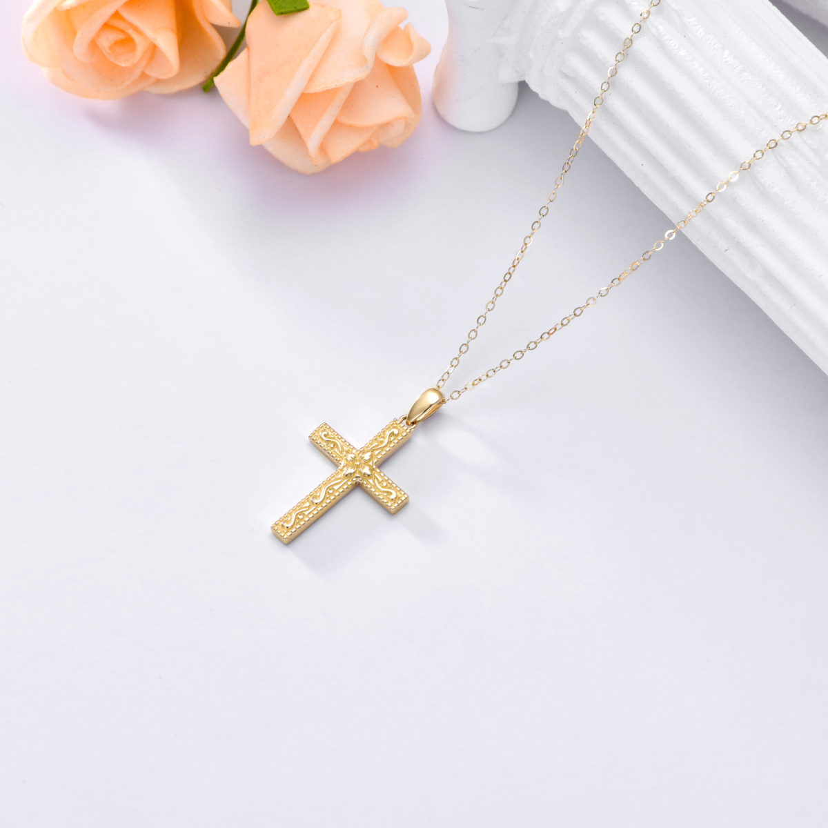 Colar com pingente de cruz em ouro 14K -4