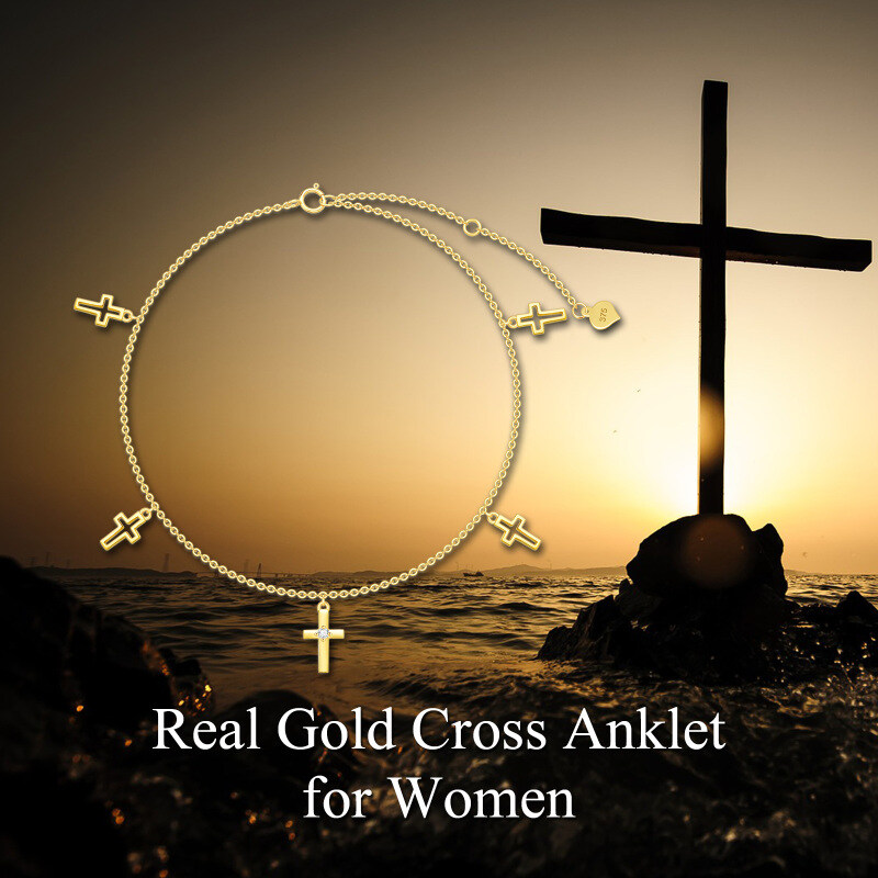 14K Gold Cross Single Layer Anklet-5