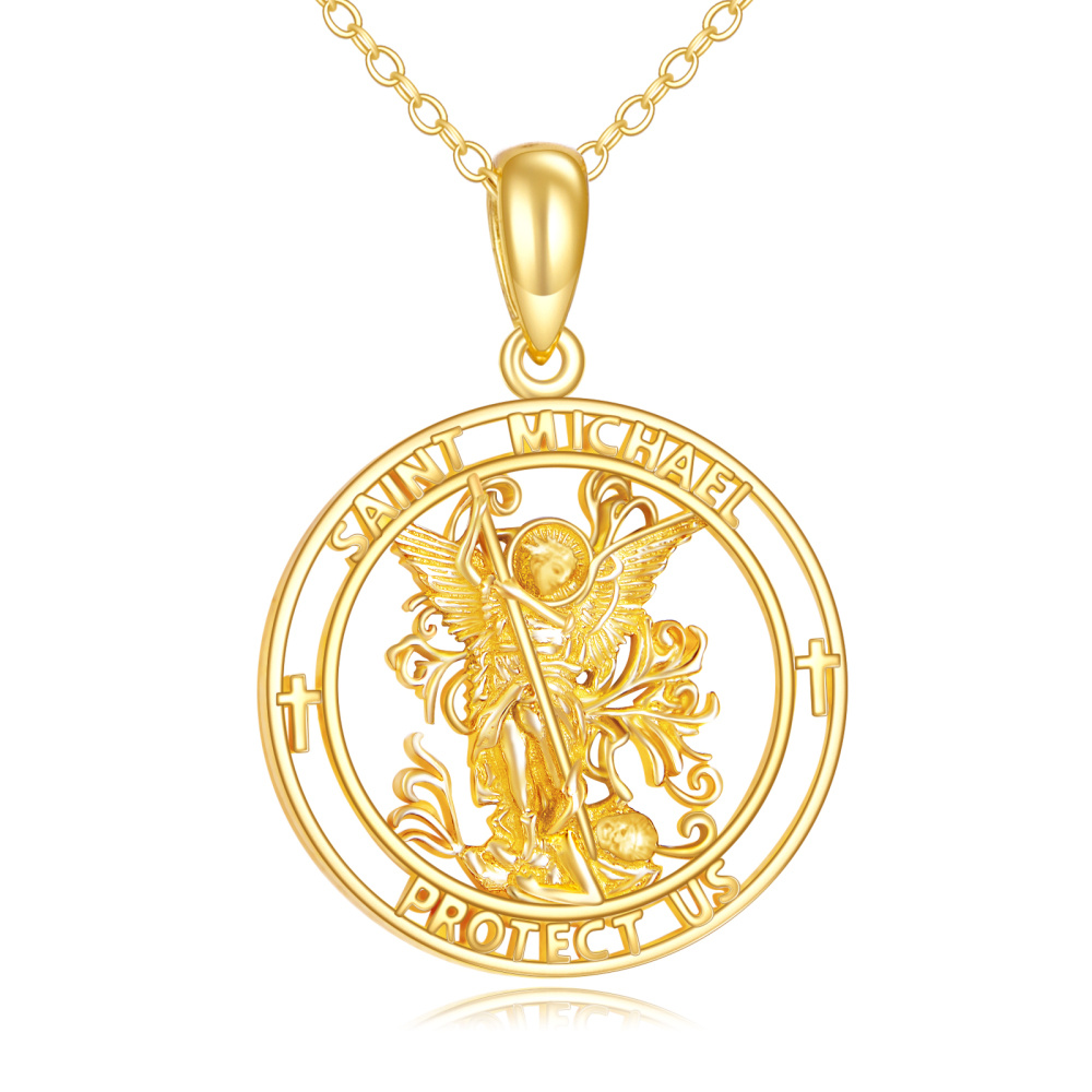 Colar com pingente de cruz de ouro 10K St. Michel com palavra gravada para homens-1