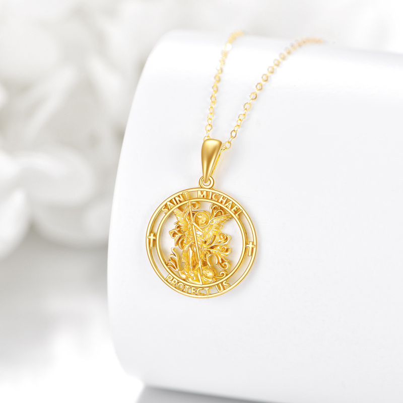 14K Gold Cross & St. Michel Pendant Necklace with Engraved Word for Men-4
