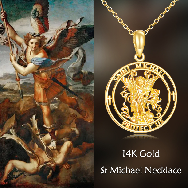 14K Gold Cross & St. Michel Pendant Necklace with Engraved Word for Men-5