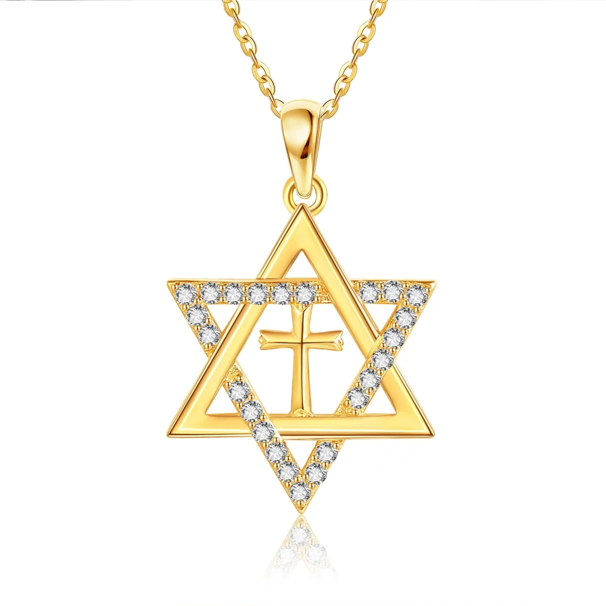 14K Gold Cubic Zirconia Cross & Star Of David Pendant Necklace-1