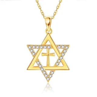 10K Gold Cubic Zirconia Cross & Star Of David Pendant Necklace-13