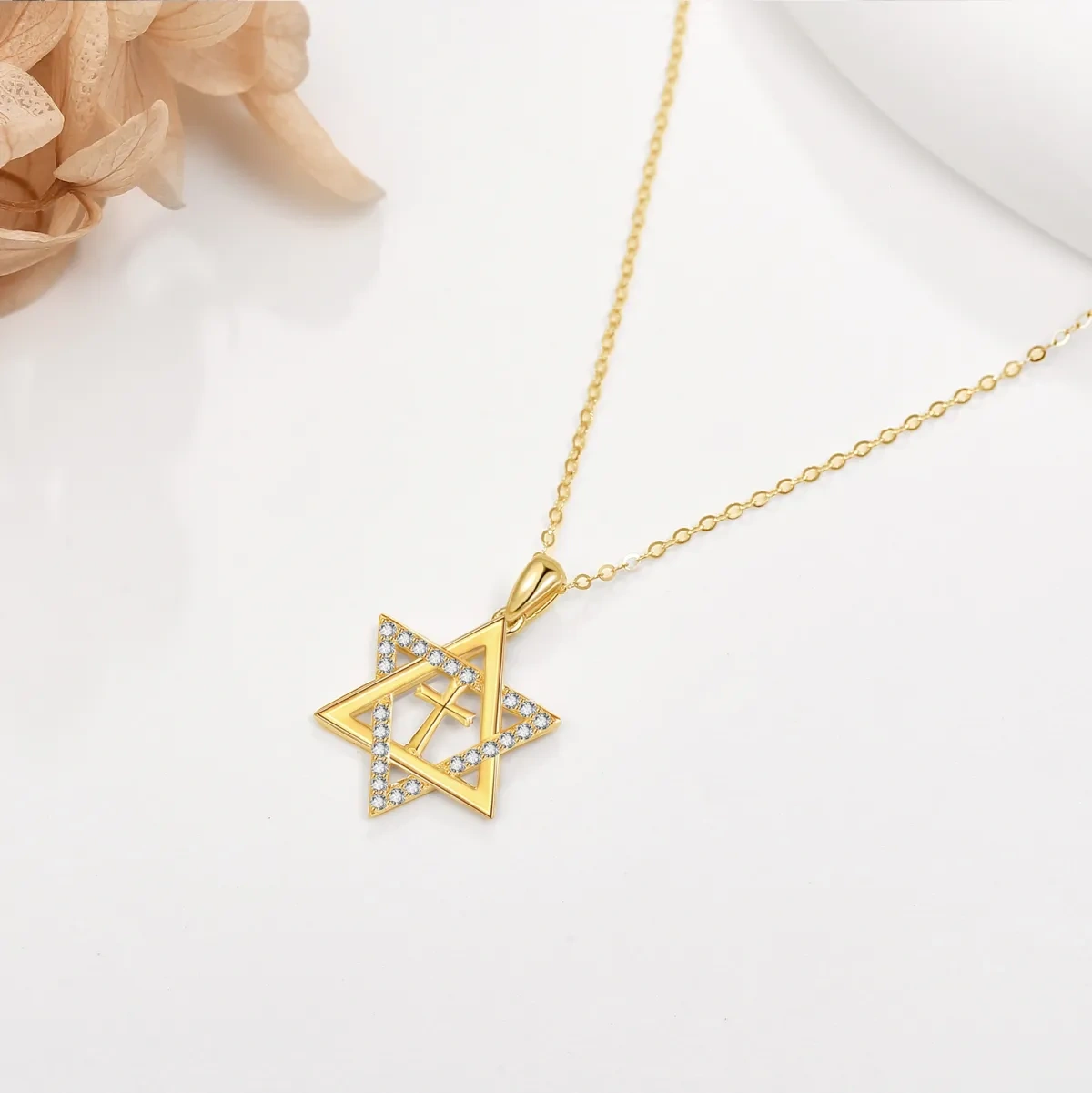 14K Gold Cubic Zirconia Cross & Star Of David Pendant Necklace-3