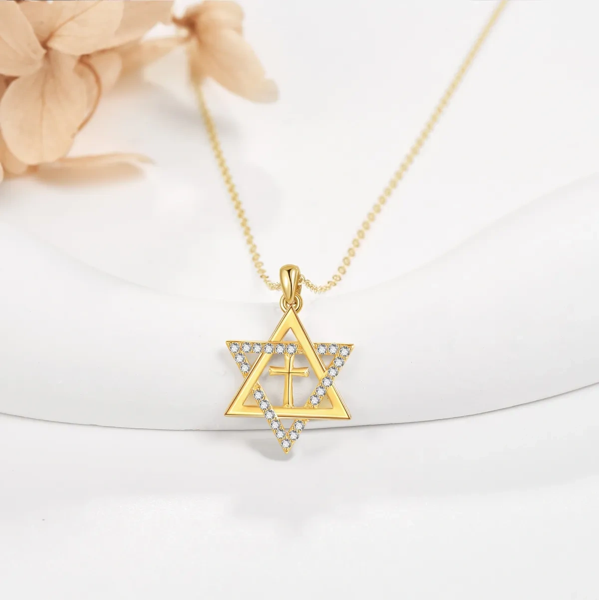 10K Gold Cubic Zirconia Cross & Star Of David Pendant Necklace-4