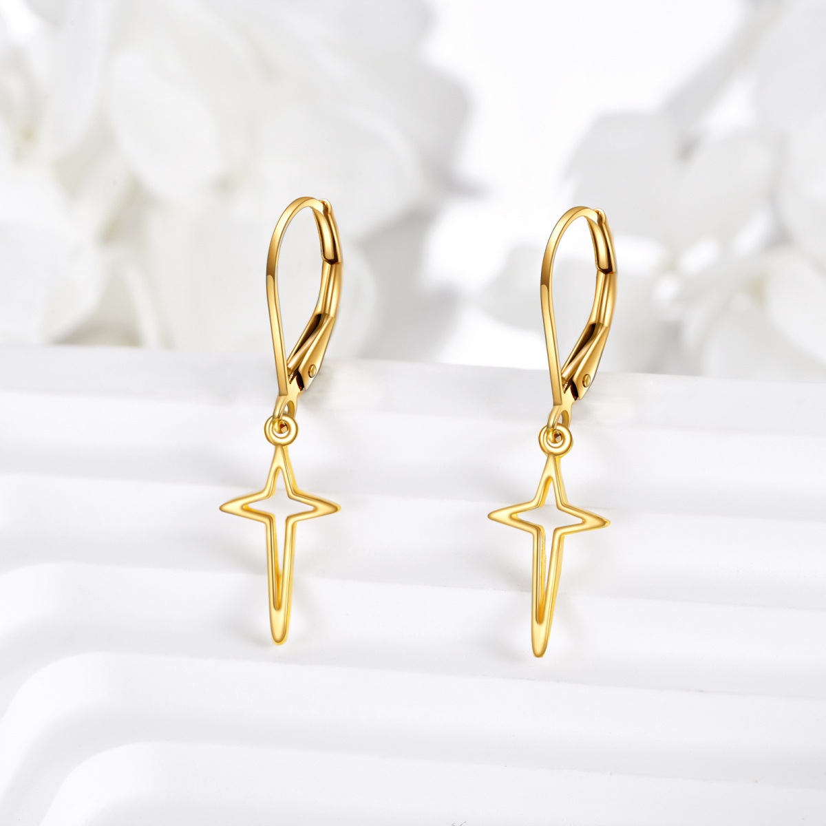 Pendientes de oro de 14 quilates con cruz y estrella con cierre de palanca-4