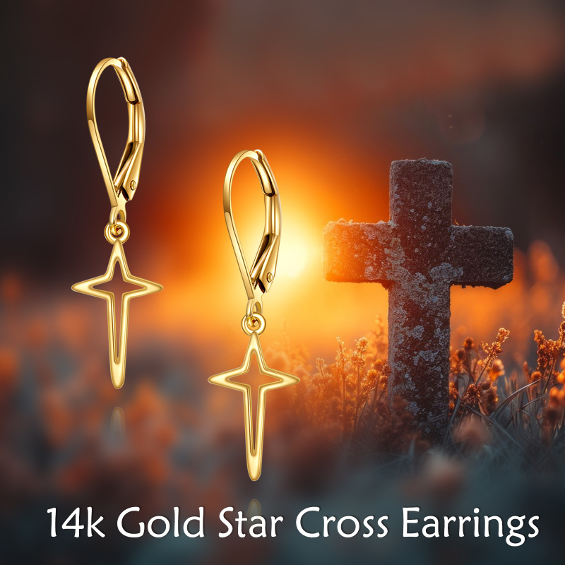 10K White Gold Cross & Star Lever-back Earrings-6