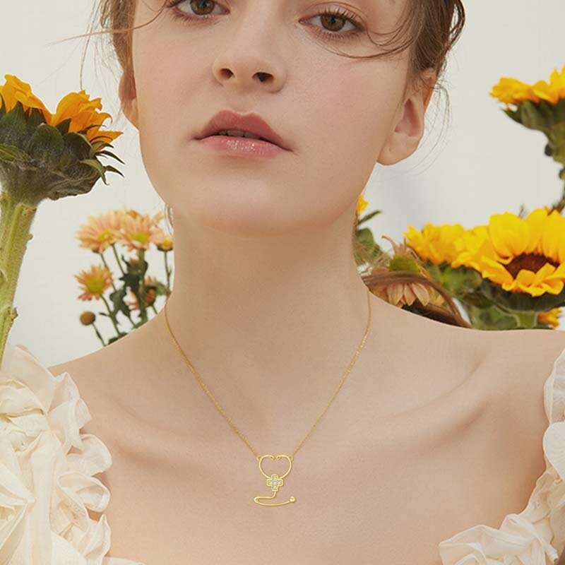 Collar de cruz y estetoscopio con circonitas cúbicas de oro de 14 quilates para mujer-2