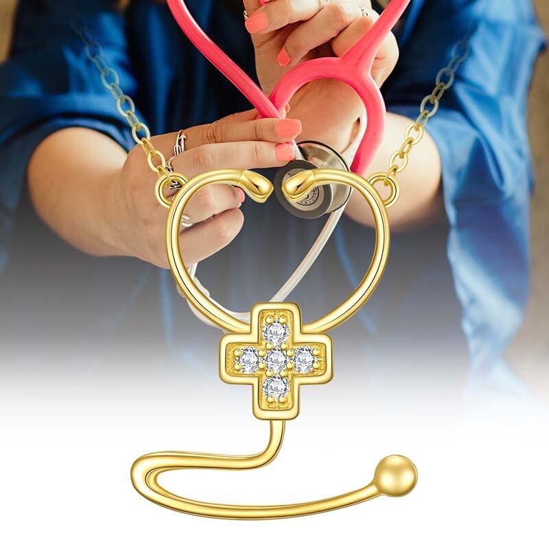 Collar de cruz y estetoscopio con circonitas cúbicas de oro de 14 quilates para mujer-3