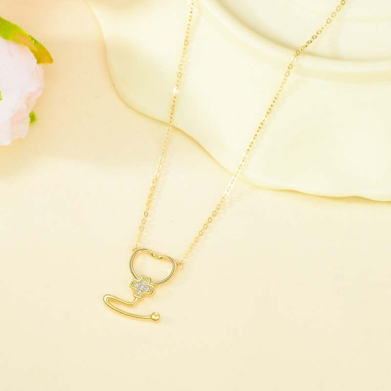 Collar de cruz y estetoscopio con circonitas cúbicas de oro de 14 quilates para mujer-4