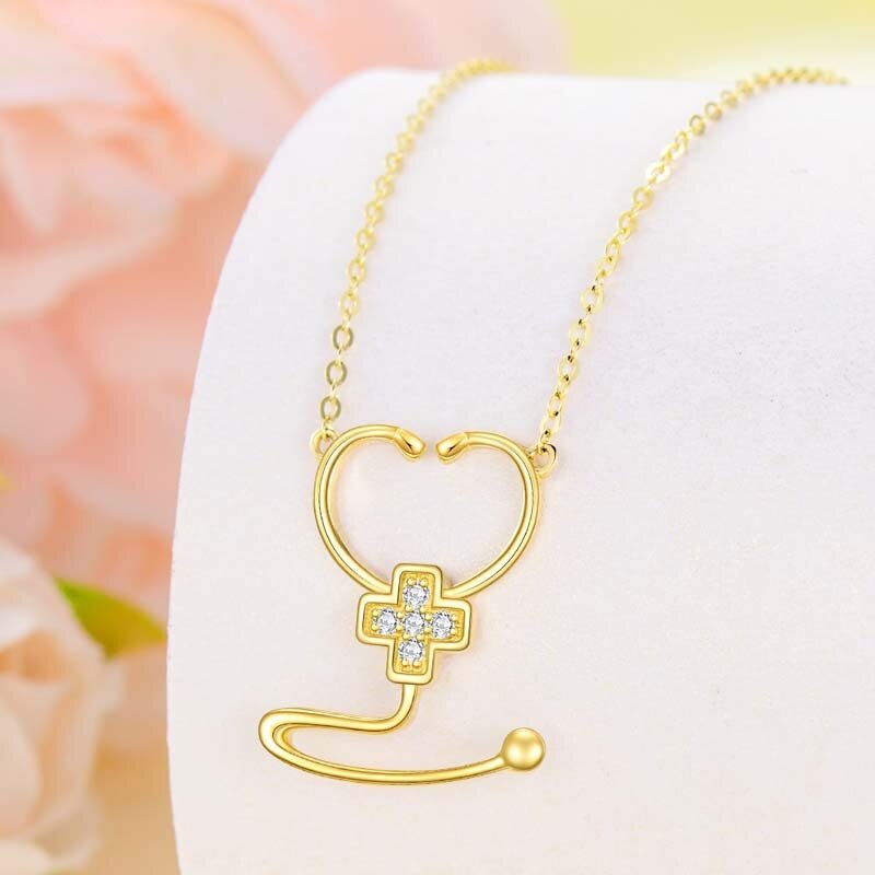 Collar con estetoscopio en forma de cruz de circonita cúbica en oro de 14 quilates para mujer-6
