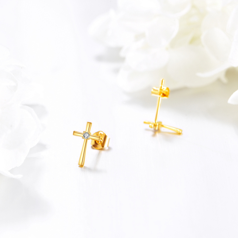 Pendientes de tachuelas con cruz de circonio cúbico en oro de 14 quilates-4