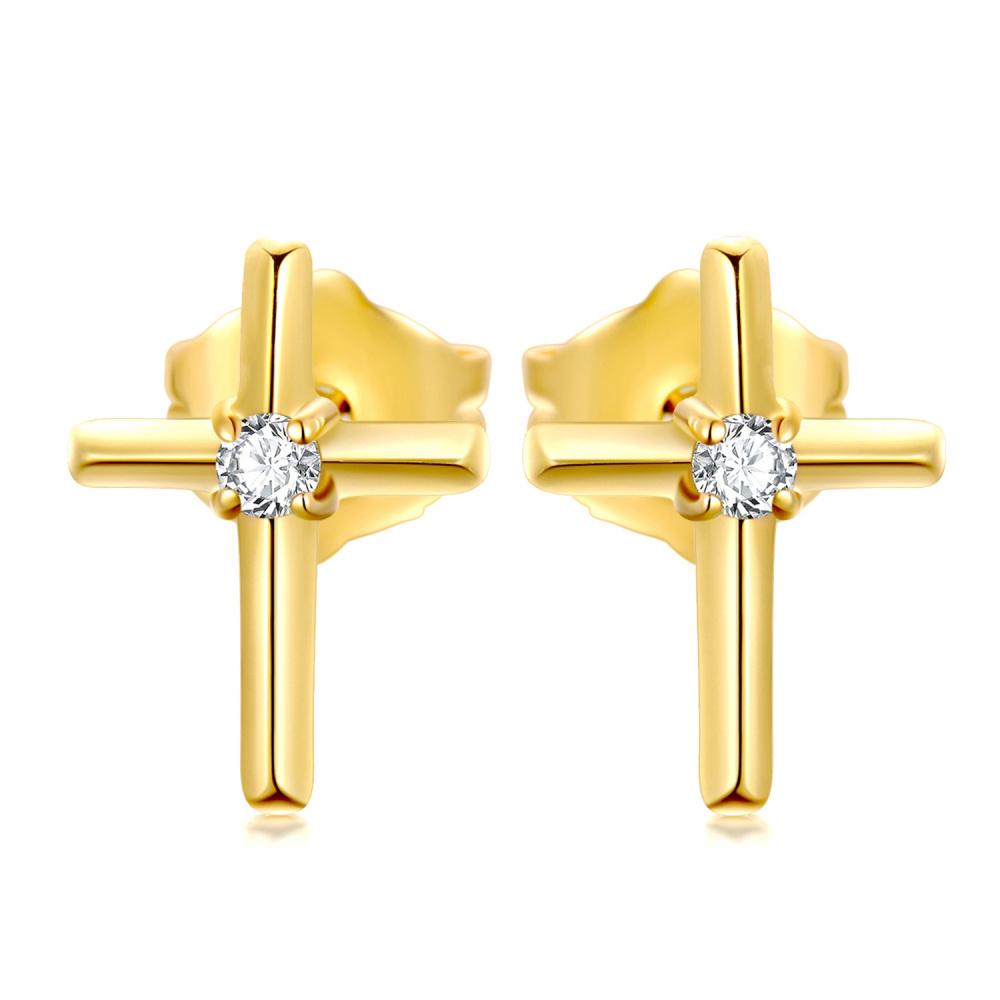 18K Gold Cubic Zirconia Cross Stud Earrings-1