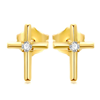 14K Gold Cubic Zirconia Cross Stud Earrings-51