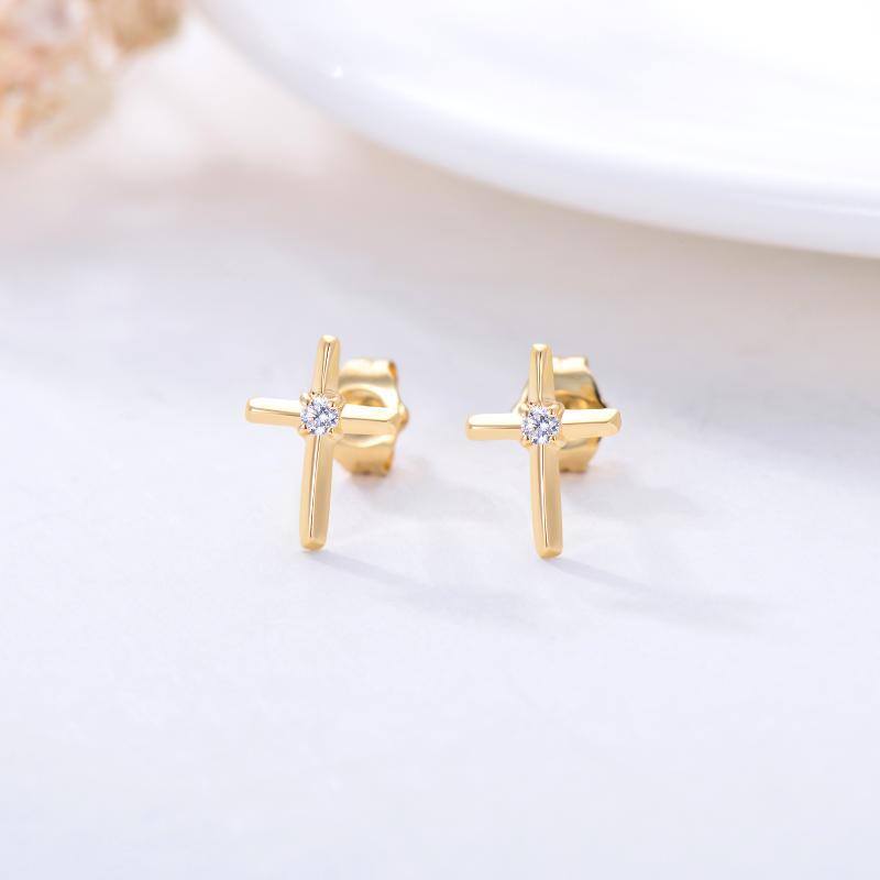 14K Gold Cubic Zirconia Cross Stud Earrings-3