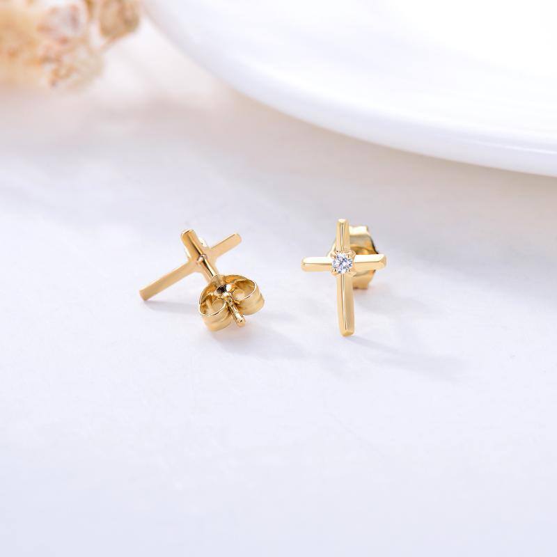 14K Gold Cubic Zirconia Cross Stud Earrings-4