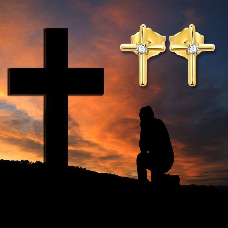 18K Gold Cubic Zirconia Cross Stud Earrings-5