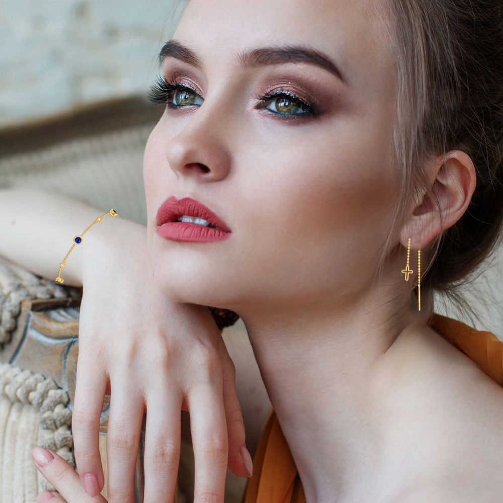 10K Gold Cross Threader Drop Earrings Party Wedding Dating Birthday Gift For Women-2