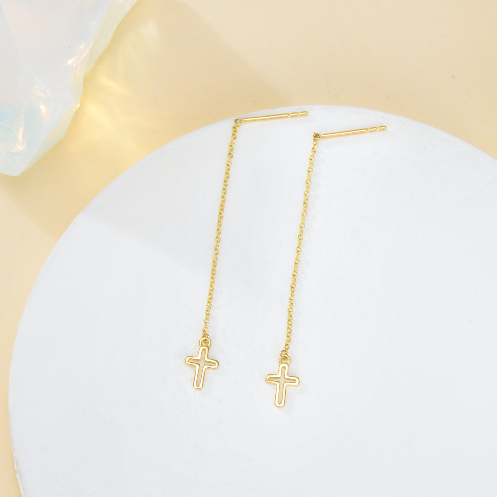 10K Gold Cross Threader Drop Earrings Party Wedding Dating Birthday Gift For Women-3