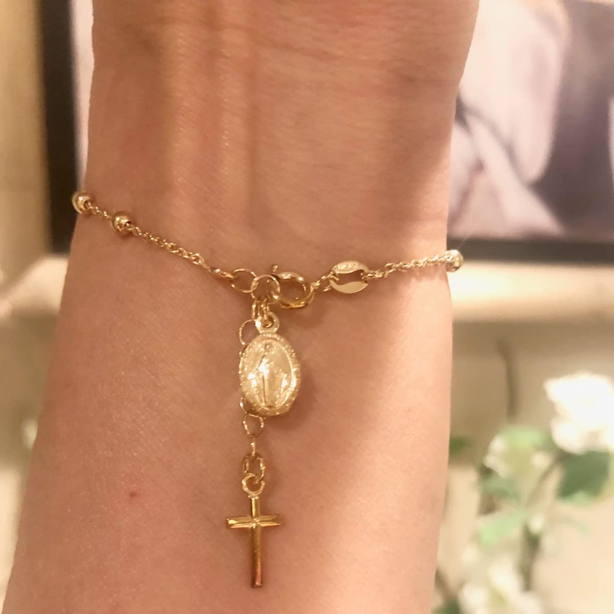 14K Gold Cross & Virgin Mary Charm Bracelet-3