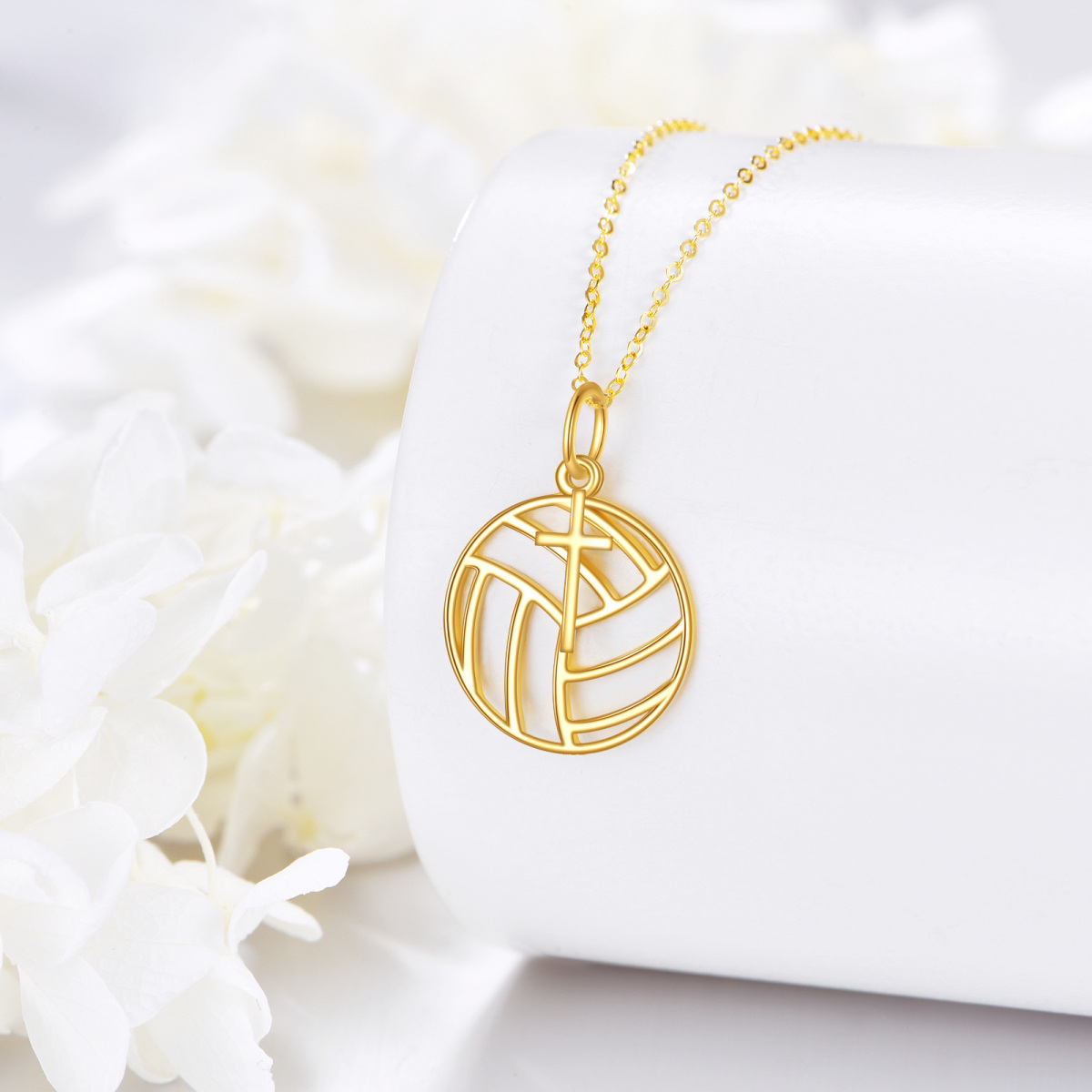 14K Gold Cross & Volleyball Pendant Necklace-4