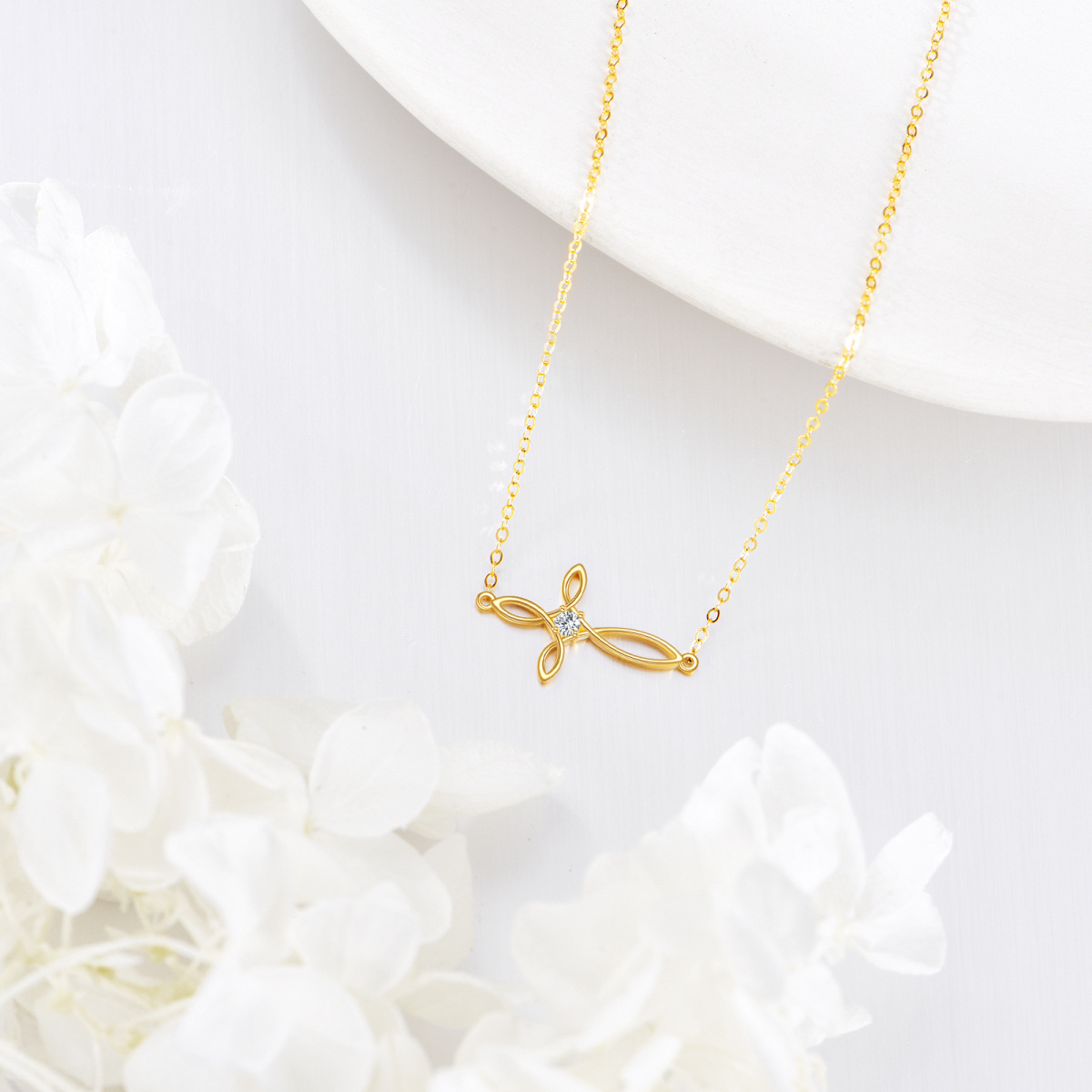 14K Gold Cubic Zirconia Cross & Witch Knot Pendant Necklace-4