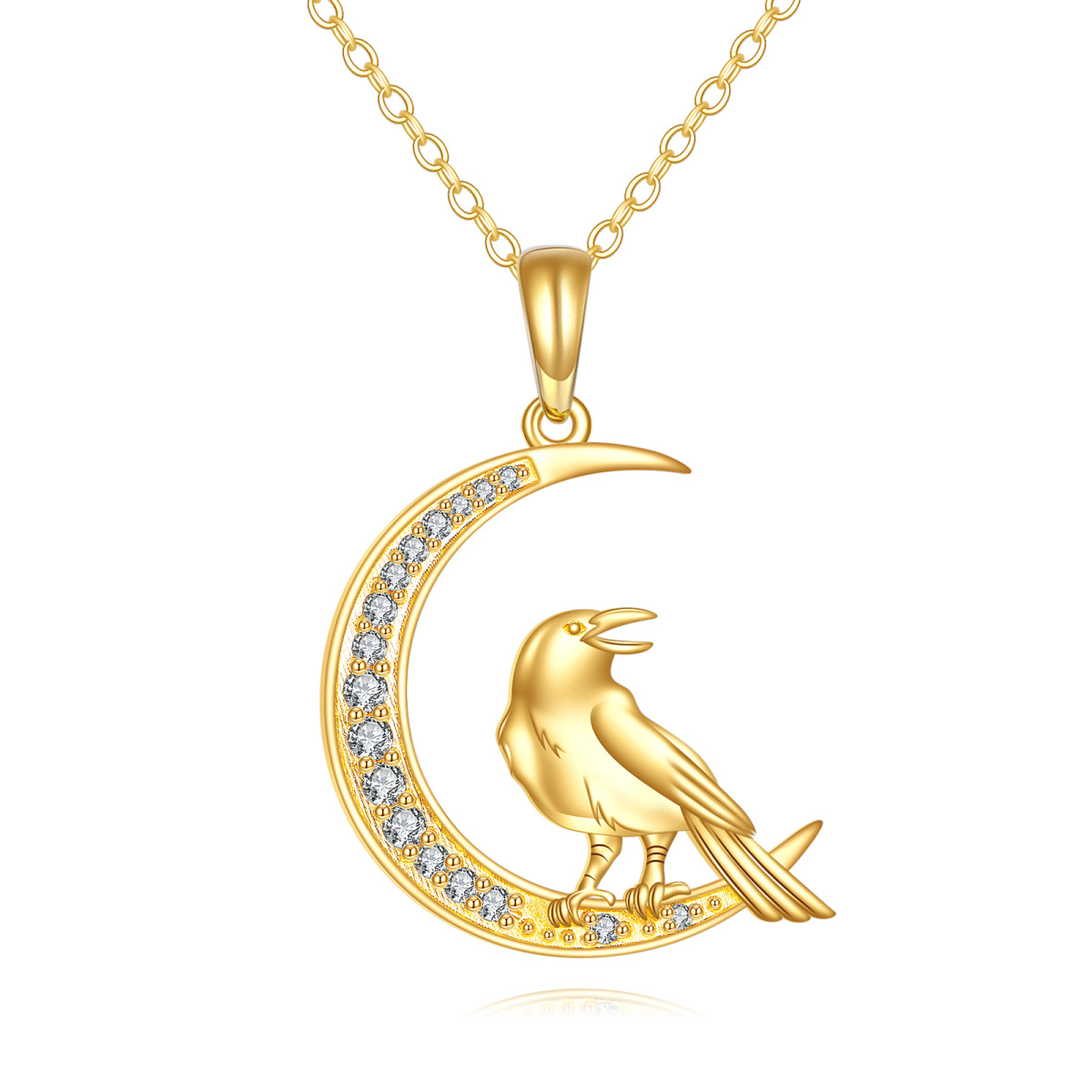 14K Gold Crow Cubic Zirconia Pendant Necklace-1