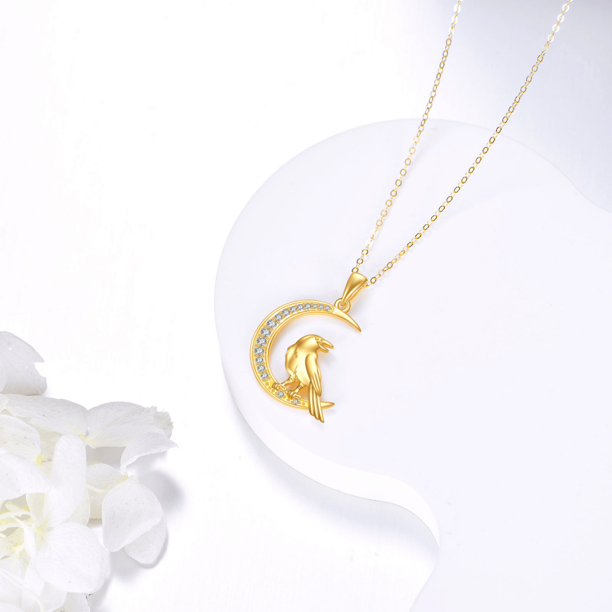 14K Gold Crow Cubic Zirconia Pendant Necklace-3