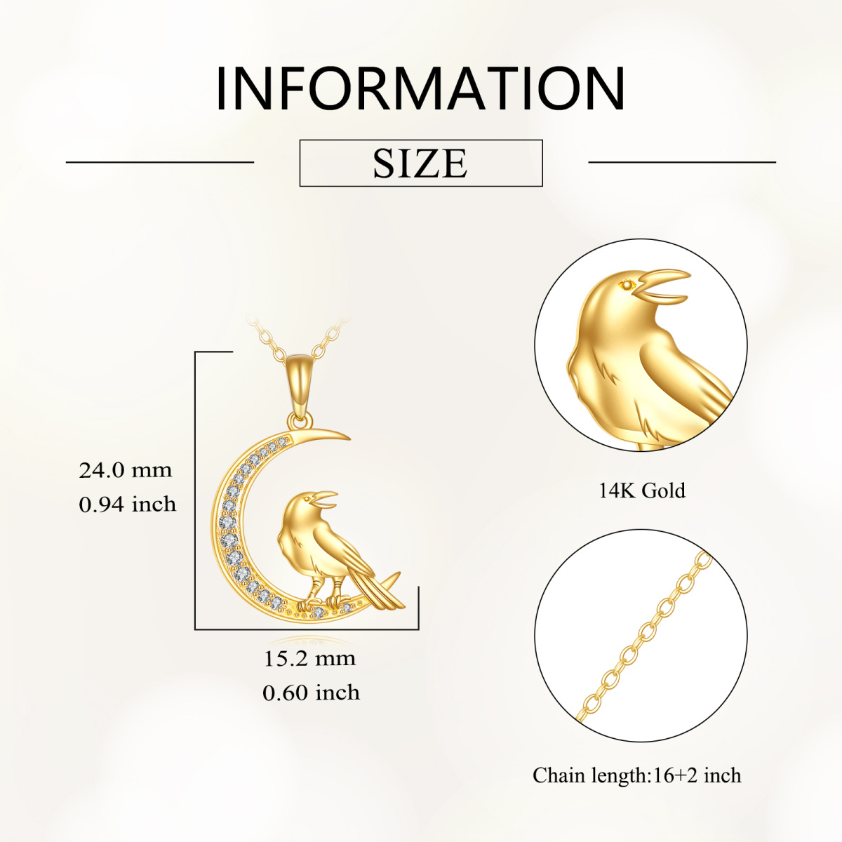 14K Gold Crow Cubic Zirconia Pendant Necklace-4